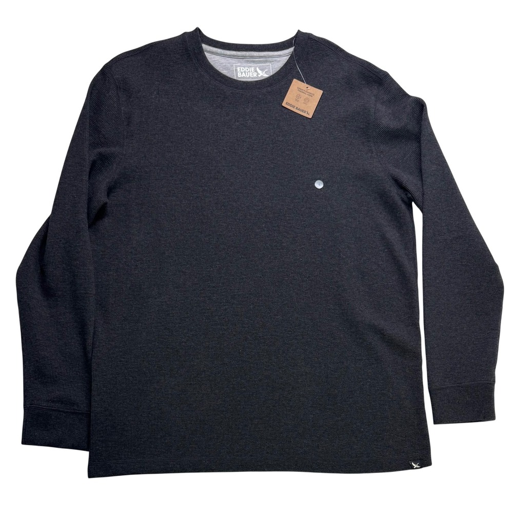 Eddie Bauer Mens Favorite Thermal Crew Charcoal Heather Gray Waffle Knit Large